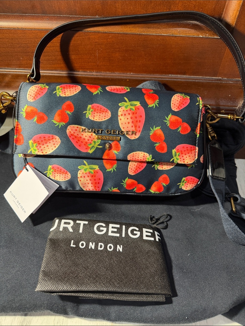 Kurt Geiger Black Crossbody Bag with Red Strawberry Print